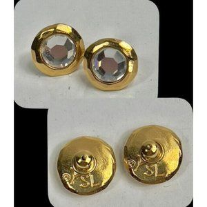 VINTAGE 1980 ERA GORGEOUS RARE YSL CRYSTAL GOLD SOLITAIRE ROUND CLIP EARRINGS